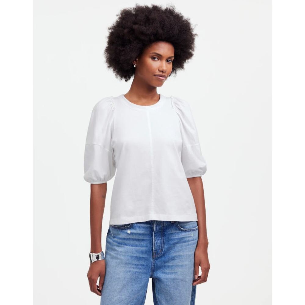 Madewell Puff-Sleeve Tee S White Crewneck Cotton Jersey Relaxed Fit Ruffle Trim - Picture 1 of 8